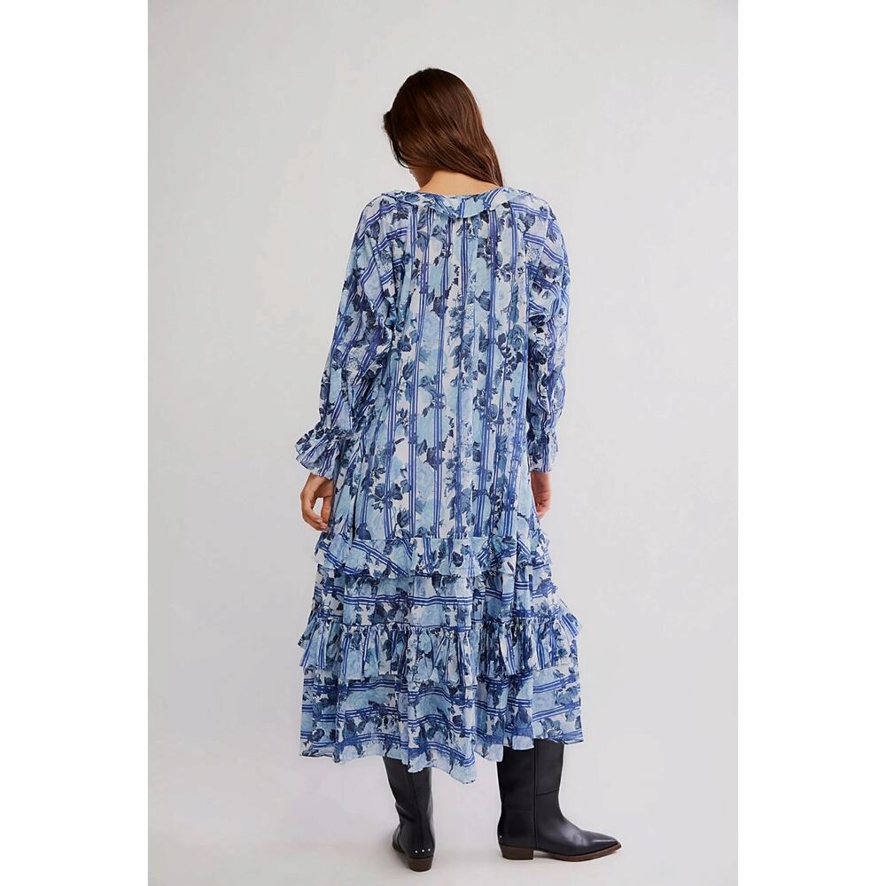 Free People Dainty Ruffle Cottage Garden Wonders Maxi Dress in Blue Combo XL - Picture 12 of 12